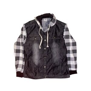 Like Love 2XL Denim Jacket Hoodie Plaid Sleeves Button Front Black Gray